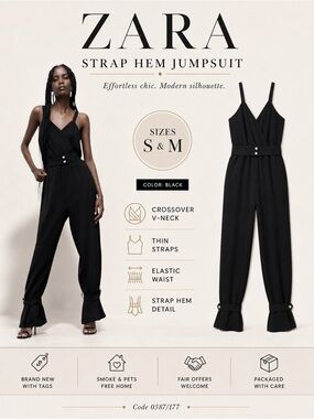 ZARA Black Strap Hem Jumpsuit NWT Sizes S M Crossover V Neck Strappy One Piece